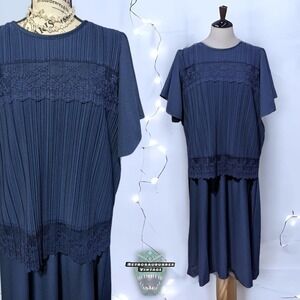 𝅺vintage 1970's Special Occasion Navy Blue Pleated Secretary Dress, Plus 20W